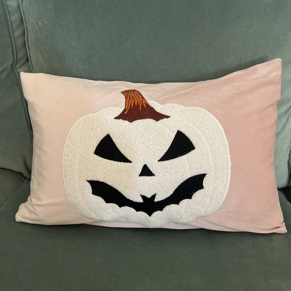Spooky Pumpkin Jack O'Lantern Embroidery Halloween Throw Pillow Cover Home Decor